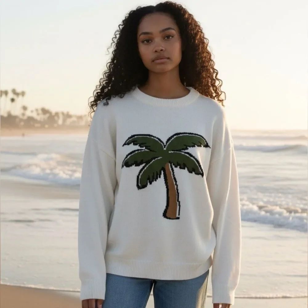 English Factory Creme Palm Tree Crewneck Sweater Sz S Coastal Beach Tropical